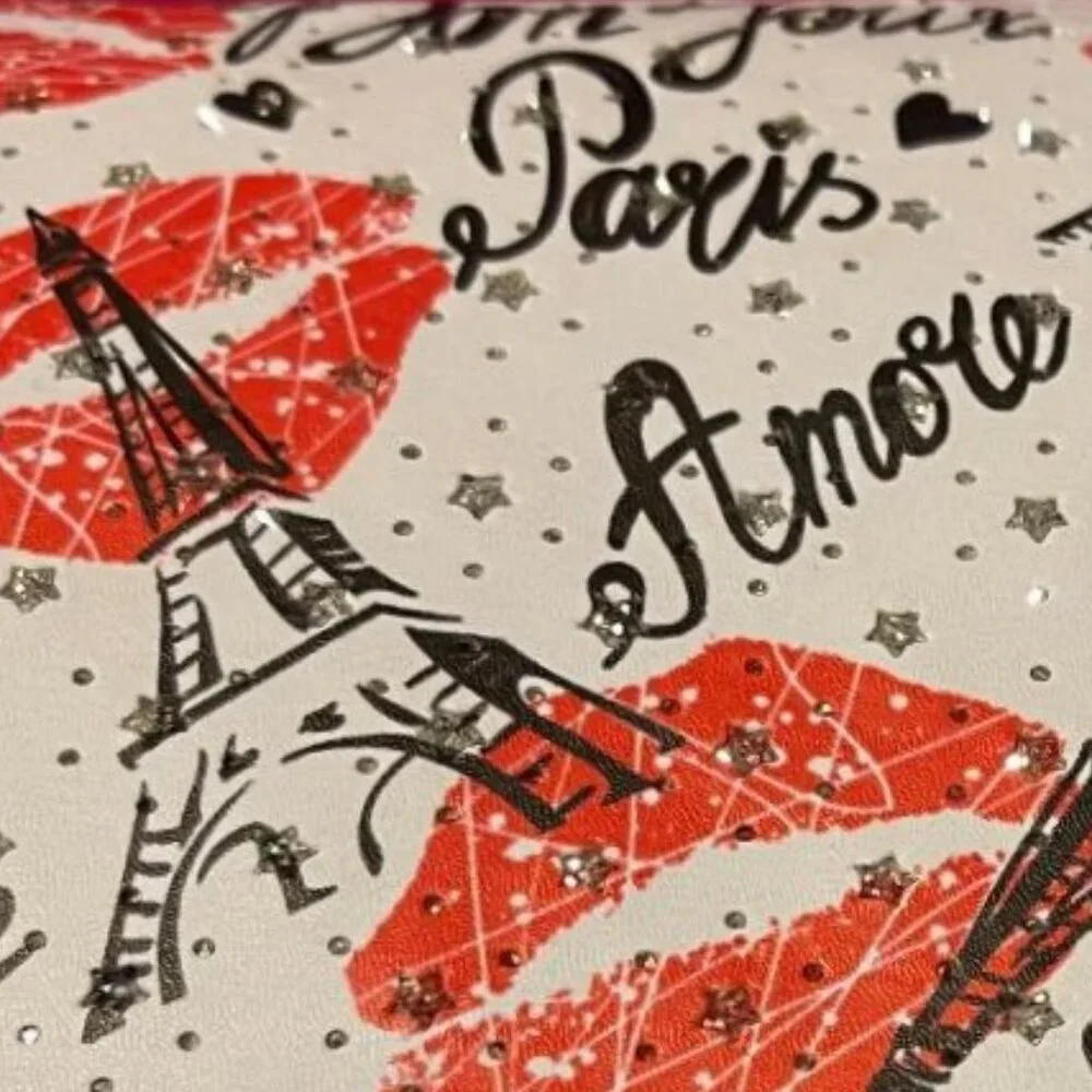 SPARKLE BON JOUR AMORE PARIS EIFFEL TOWER BLUSH CRUSH COSMETIC / MAKE - UP BAG